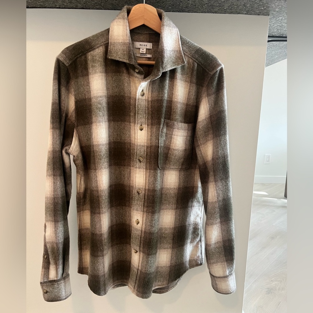 Reiss Green and Cream Plaid Wool Casual Shirt